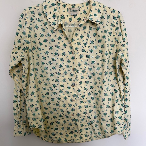 Vintage L.L. Bean Yellow Floral Button Up Shirt Cotton Size 14 Made in USA - Picture 1 of 6